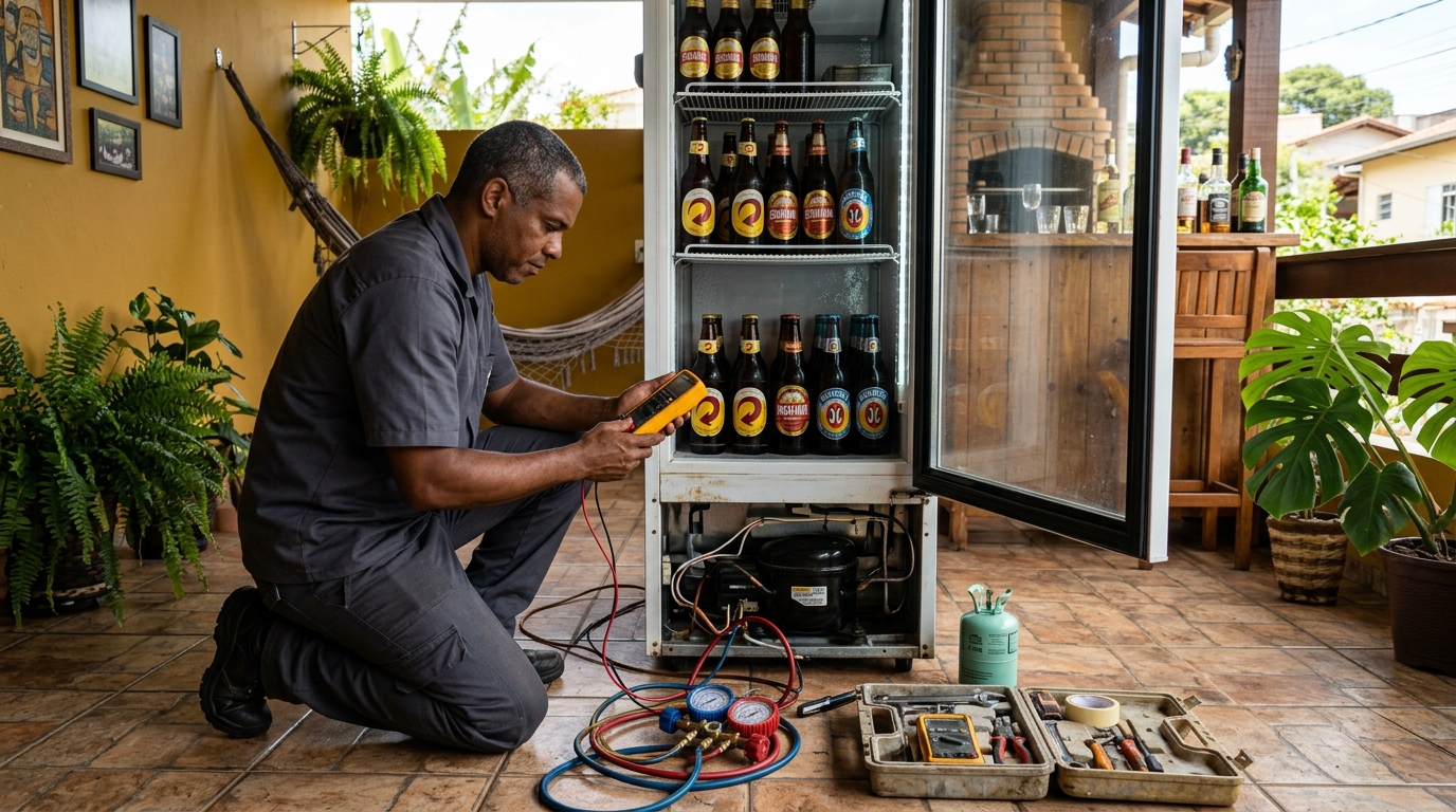 Placa eletrônica de cervejeira em reparo na bancada em São José do Rio Preto‑SP