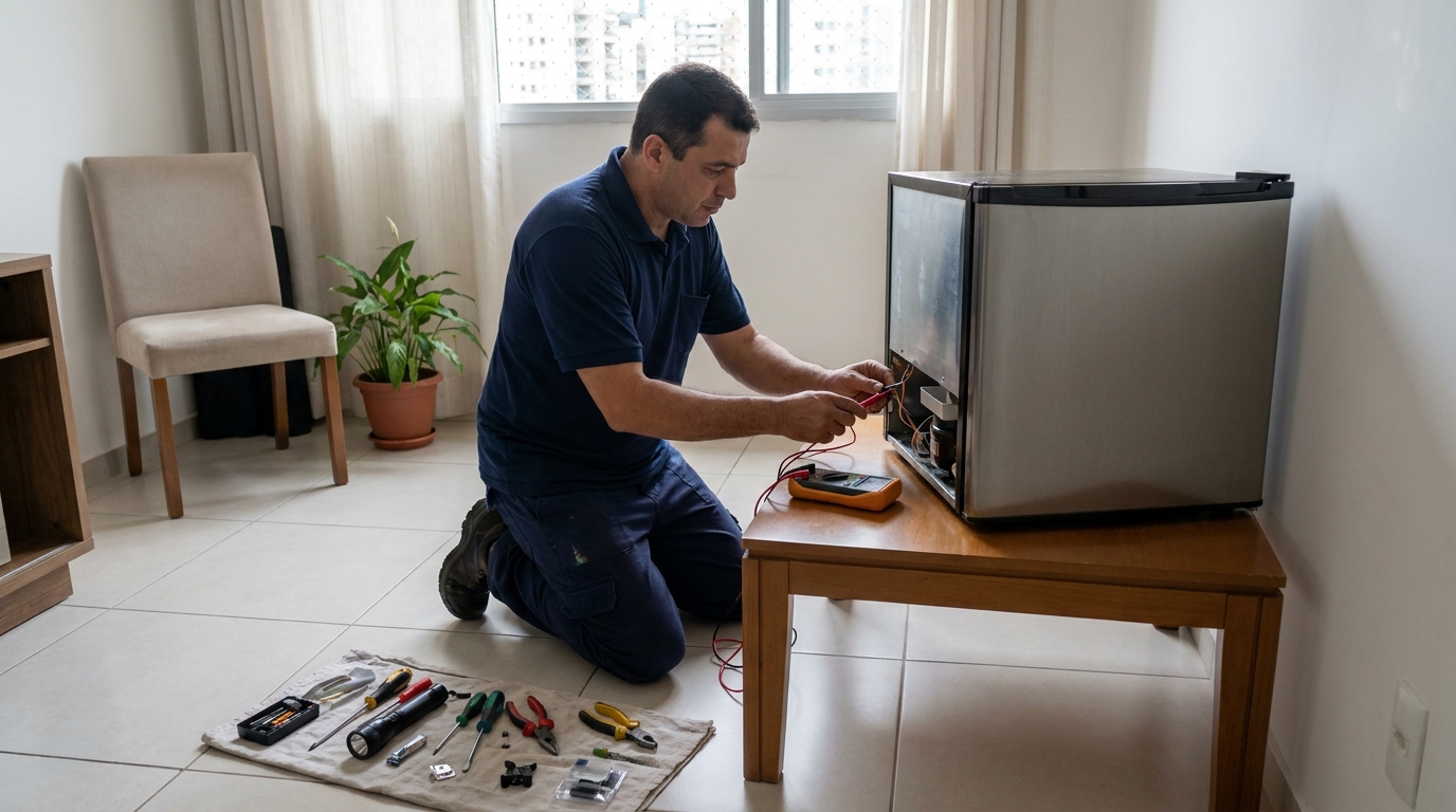 Técnico revisando o motor de um frigobar em São José do Rio Preto‑SP