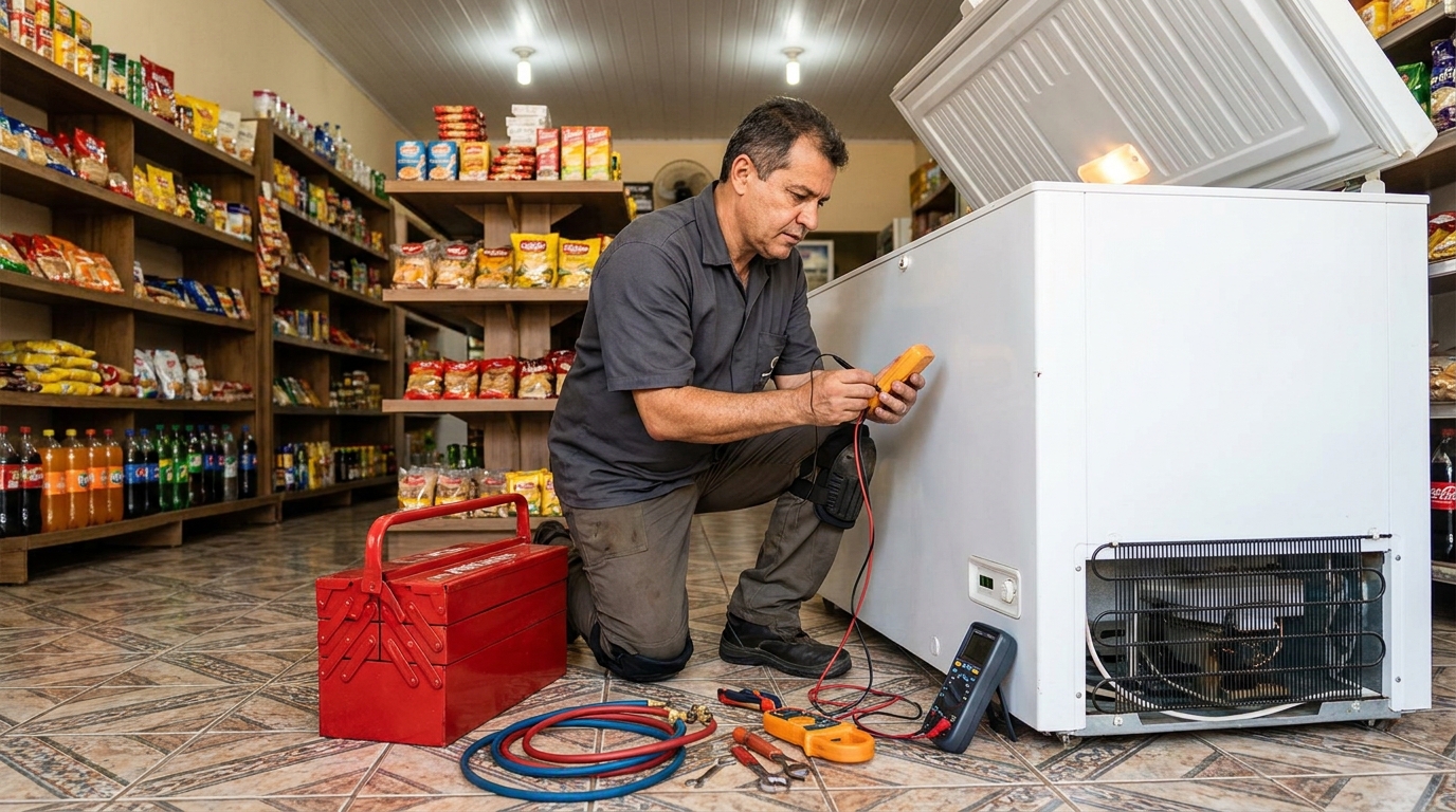 Manômetro conectado ao circuito durante recarga de gás de freezer em São José do Rio Preto‑SP