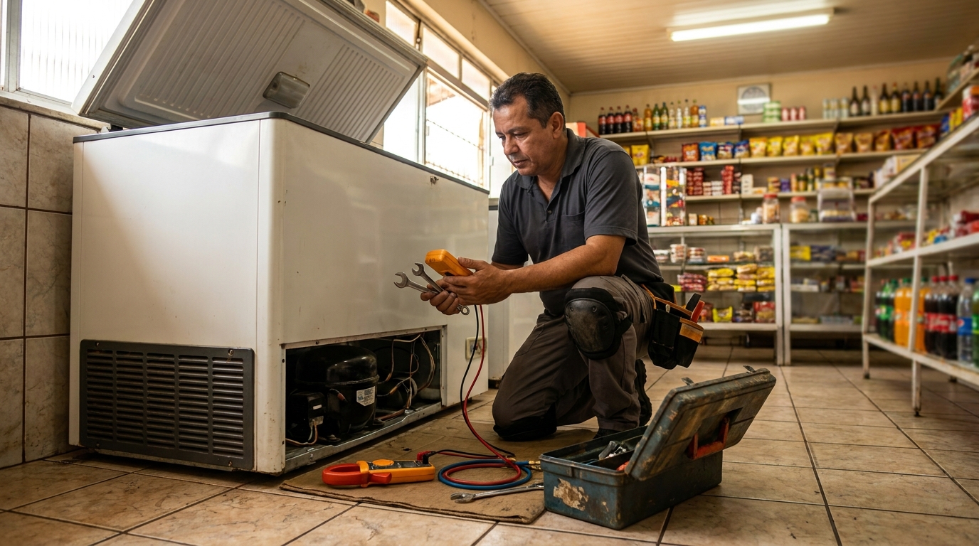 Técnico avaliando um freezer vertical durante atendimento em São José do Rio Preto‑SP